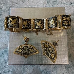 Vintage-Inspired Black & Gold Damascene Bracelet and Earrings Set